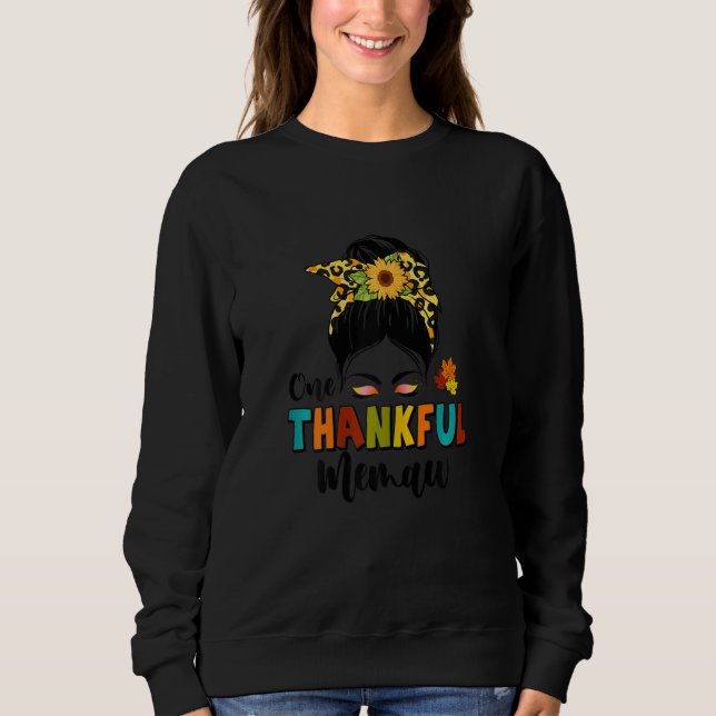 Womens One Thankful Memaw Leopard Messy Bun Fall T Sweatshirt (Vorderseite)