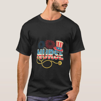 Womens Patriotic Nurse USA Flag Fireworks 4. J T-Shirt