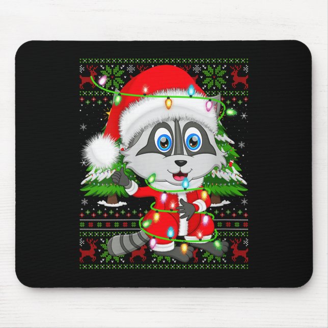 Womens Raccoon Christmas Lights Santa Costume Ugly Mousepad (Vorne)
