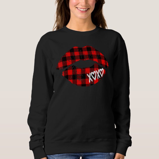 Womens Red Buffalo Plaid Lips  Valentine Day XOXO Sweatshirt (Vorderseite)