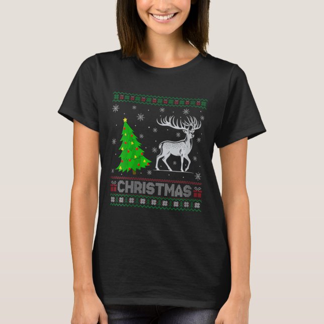 Womens Reindeer Xmas Tree Lighting Ugly Weihnachte T-Shirt (Vorderseite)