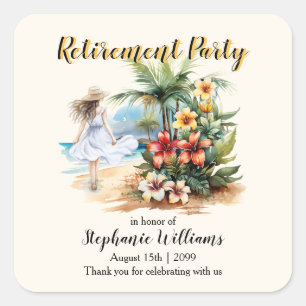 Women's Retirement Beach Aloha Blume Party Quadratischer Aufkleber
