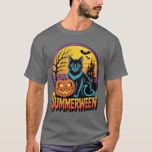 Womens Retro Black Cat Spooky Cute Art Summerween  T-Shirt (Vorderseite)