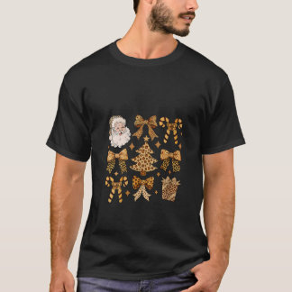 Womens Retro Leopard Coquette Bow Santa Claus Chri T-Shirt