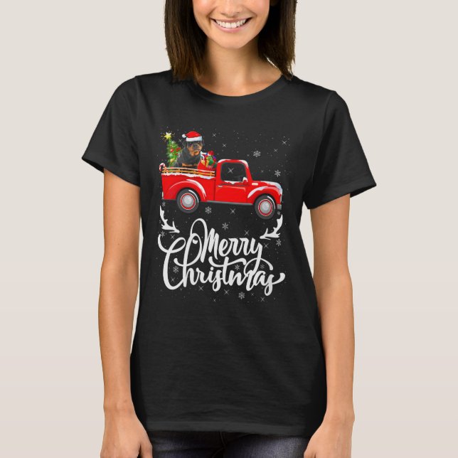 Womens Rottweiler Dog On Christmas Tree Red Truck  T-Shirt (Vorderseite)