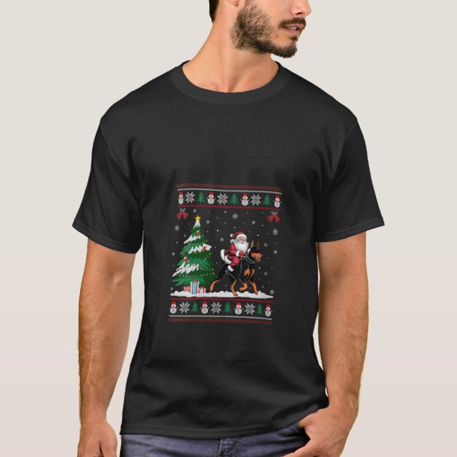 Womens Santa Riding Doberman Pinscher Dog Tree Lig T-Shirt (Vorderseite)