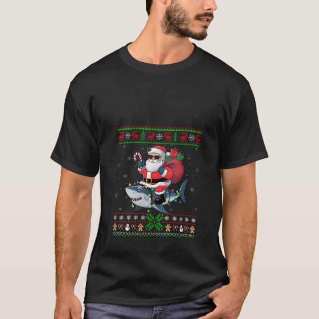 Womens Santa Riding Hai Weihnachtslicht Ugly Xm T-Shirt (Vorderseite)