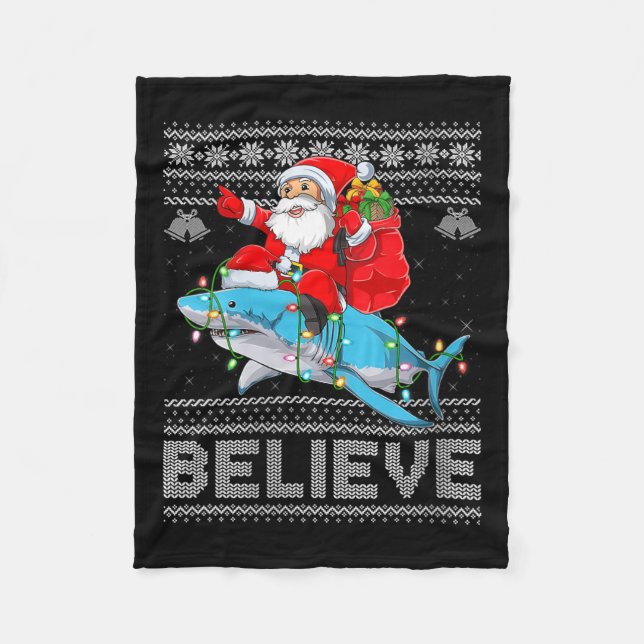 Womens Santa Riding Shark Ugly Christmas Sweater B Fleecedecke (Vorderseite)
