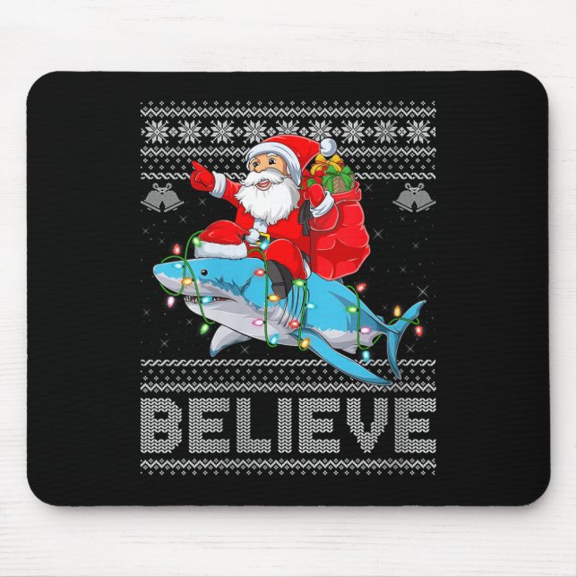 Womens Santa Riding Shark Ugly Christmas Sweater B Mousepad (Vorne)