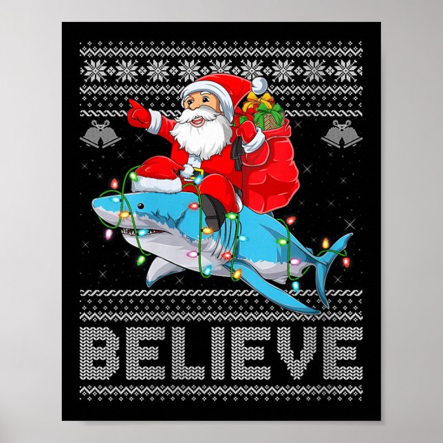 Womens Santa Riding Shark Ugly Christmas Sweater B Poster (Vorne)