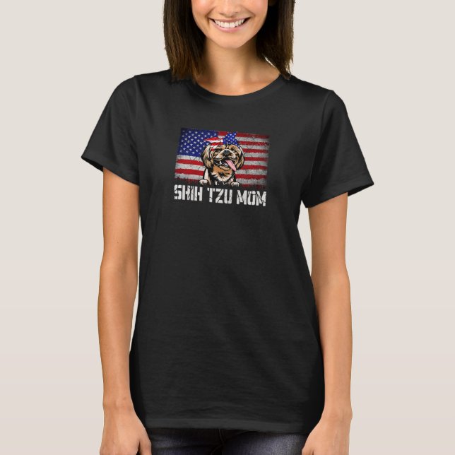Womens Shih Tzu Mama American Flag 4. Juli Pup T-Shirt (Vorderseite)