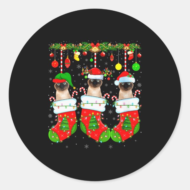 Womens Siamese Cats In Christmas Socks Funny Cat X Runder Aufkleber (Vorderseite)