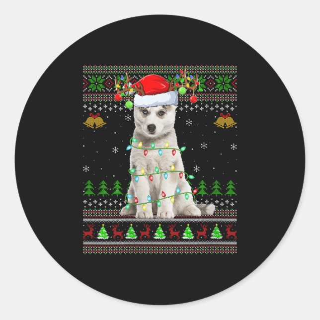 Womens Siberian Husky Dog Ugly Christmas Sweater H Runder Aufkleber (Vorderseite)