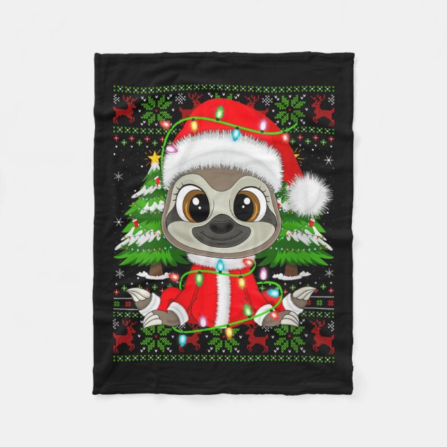 Womens Sloth Christmas Lights Santa Costume Ugly X Fleecedecke (Vorderseite)