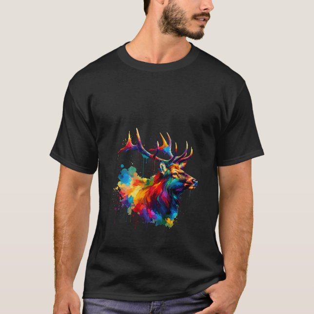 Womens Splash Art Deer Elk Buck Reindeer / Neck T-Shirt (Vorderseite)