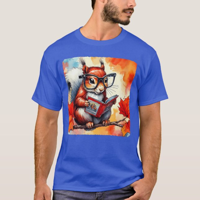 Womens Squirrel Reading Comic Book On Autumn Branc T-Shirt (Vorderseite)