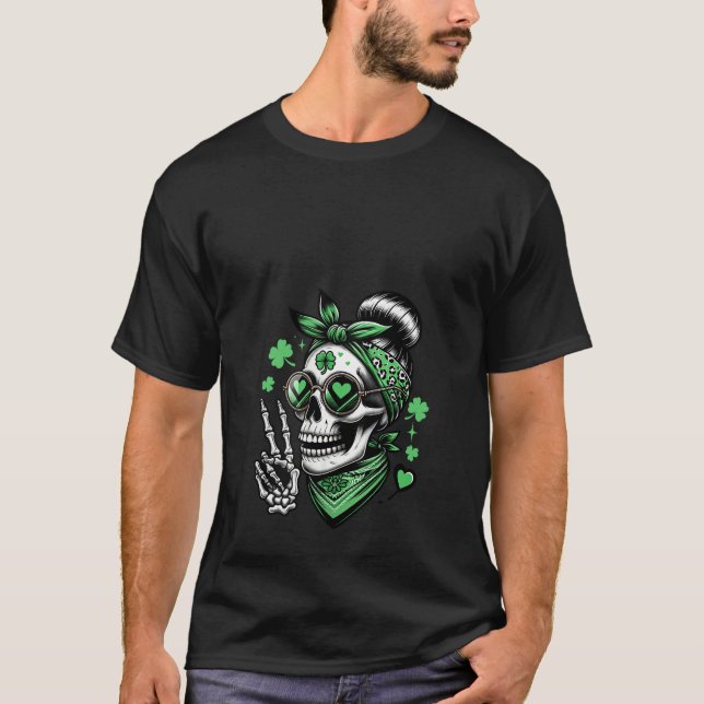 Womens St Patricks Day Skull Messy Bun Saint Patty T-Shirt (Vorderseite)