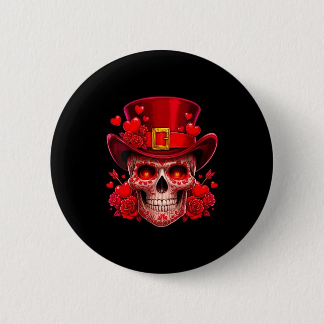 Women's Sugar Skull Valentine Cud Red Roses Couple Button (Vorderseite)