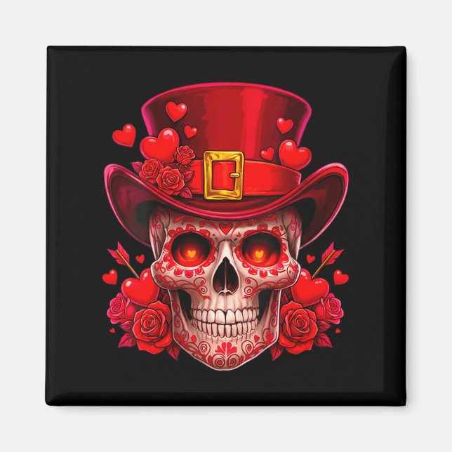 Women's Sugar Skull Valentine Cud Red Roses Couple Magnet (Vorne)