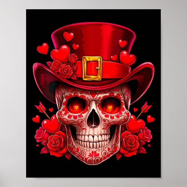 Women's Sugar Skull Valentine Cud Red Roses Couple Poster (Vorne)