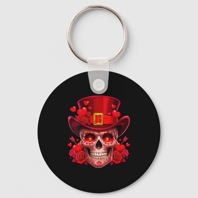 Women's Sugar Skull Valentine Cud Red Roses Couple Schlüsselanhänger (Vorderseite)