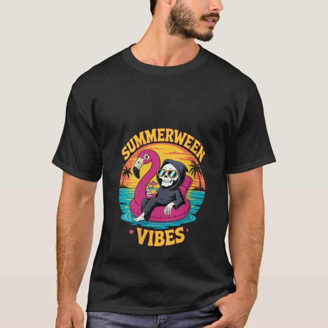 Womens Summerween Vibes Skeleton Flamingo Float Su T-Shirt (Vorderseite)