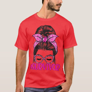 Womens Survivor Messy Bun Glasses Leopard Pink Bre T-Shirt