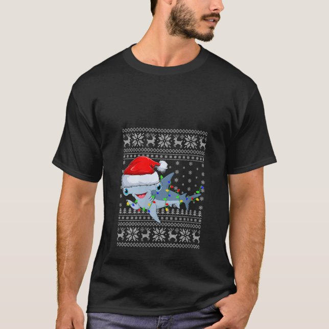 Womens Ugly Sweater Xmas Lights Santa Hammerhead T-Shirt (Vorderseite)