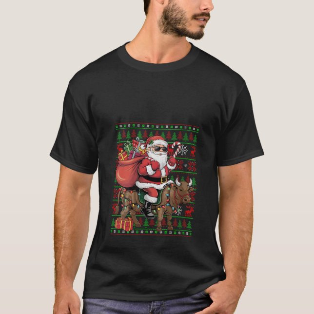 Womens Ugly Xmas Lights Funny Santa Riding Rind T-Shirt (Vorderseite)