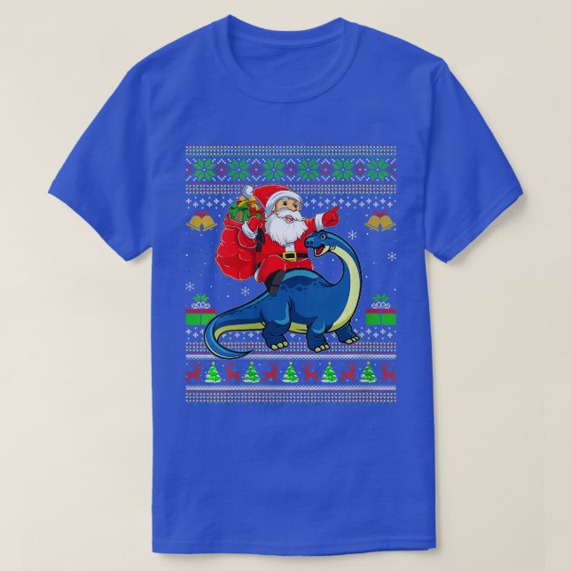Womens Ugly Xmas Santa Riding Brontosaurus Dinosau T-Shirt (Design vorne)