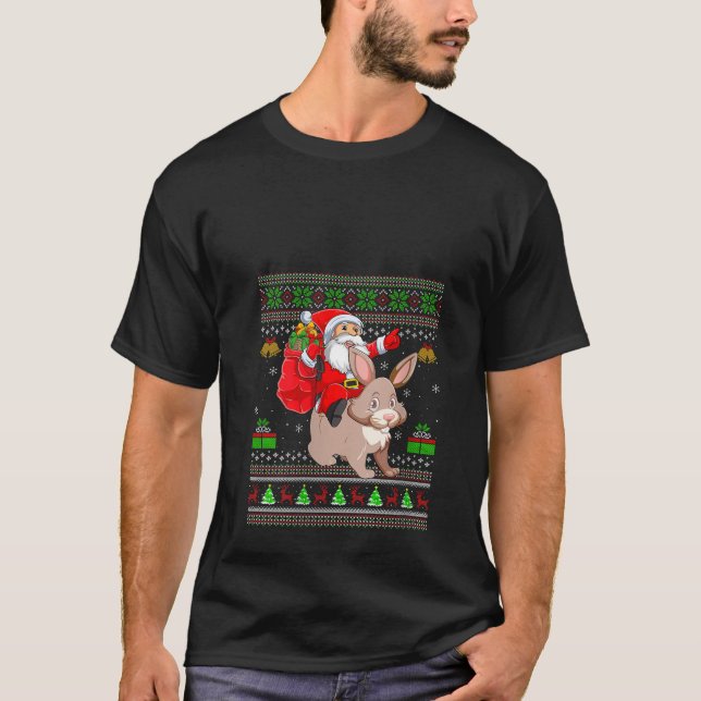 Womens Ugly Xmas Sweater Funny Santa Riding Bunny T-Shirt (Vorderseite)