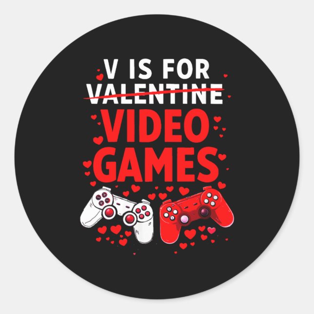 Women's V Is For Video Games Funny Valentines Game Runder Aufkleber (Vorderseite)