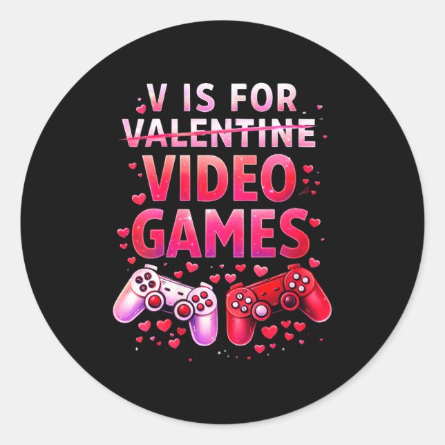 Women's V Is For Video Games Funny Valentines Game Runder Aufkleber (Vorderseite)