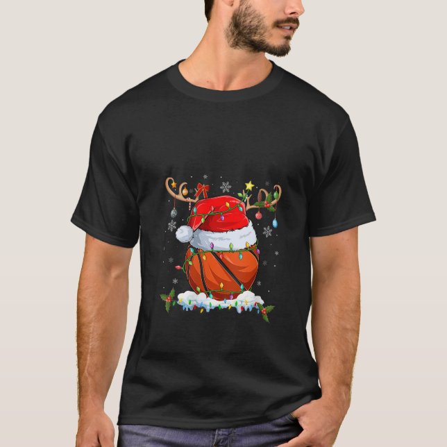 Womens Xmas Lighting Reindeer Santa Hat Basketball T-Shirt (Vorderseite)