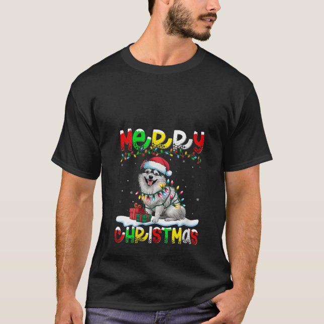 Womens Xmas Lighting Santa Hat Japanese Spitz Dog  T-Shirt (Vorderseite)