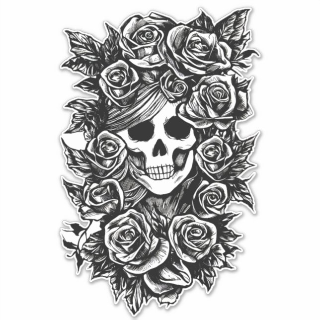 Womman Skull Rose Goth Original Tinte zeichn Art Aufkleber (Vorderseite)