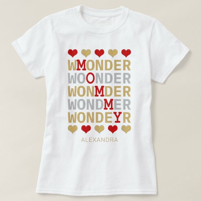 Wonder Mommy Red Gold Silver Glitzer Name Custom T-Shirt (Design vorne)