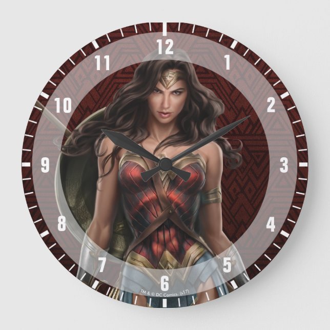 Wonder Woman Battle Ready Comic Art Große Wanduhr (Vorderseite)