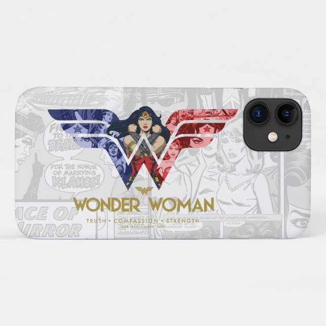 Wonder Woman Crossed Arms in Logo Collage Case-Mate iPhone Hülle (Rückseite (Horizontal))
