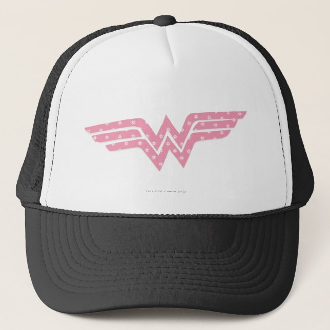 Wonder Woman farbenfrohe Rosa Floral Logo Truckerkappe (Vorderseite)