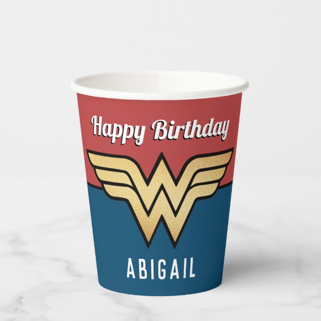 Wonder Woman Golden Logo | Happy Birthday Pappbecher (Links)