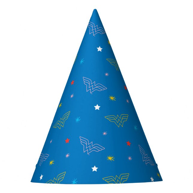 Wonder Woman-Logo und Sterne Blaues Muster Partyhütchen (Vorderseite)