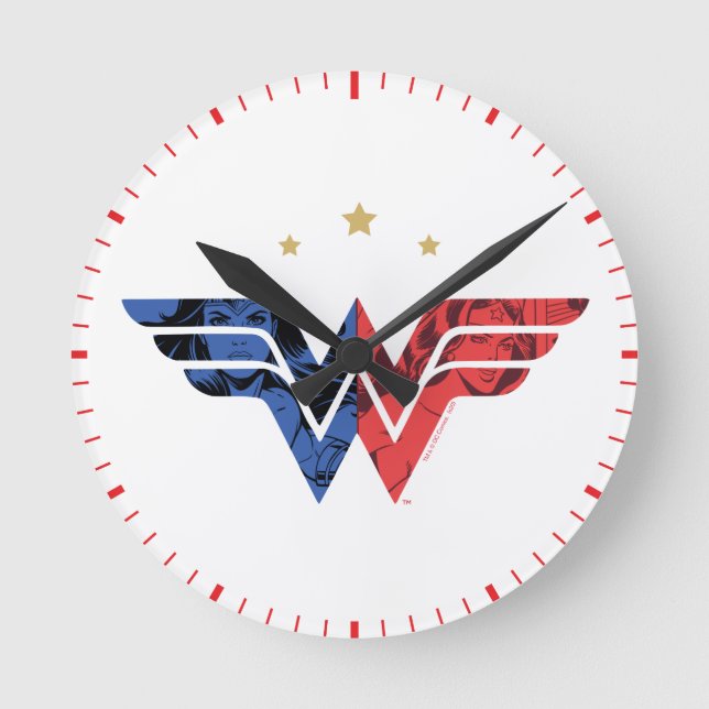 Wonder Woman Modern & Retro Comic Overlay-Logo Runde Wanduhr (Vorderseite)