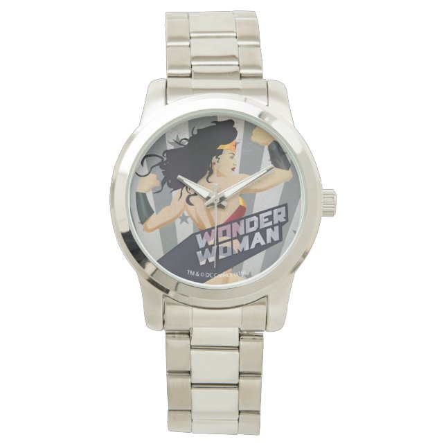 Wonder Woman Retro City Sunburst and Stars Armbanduhr (Vorderseite)