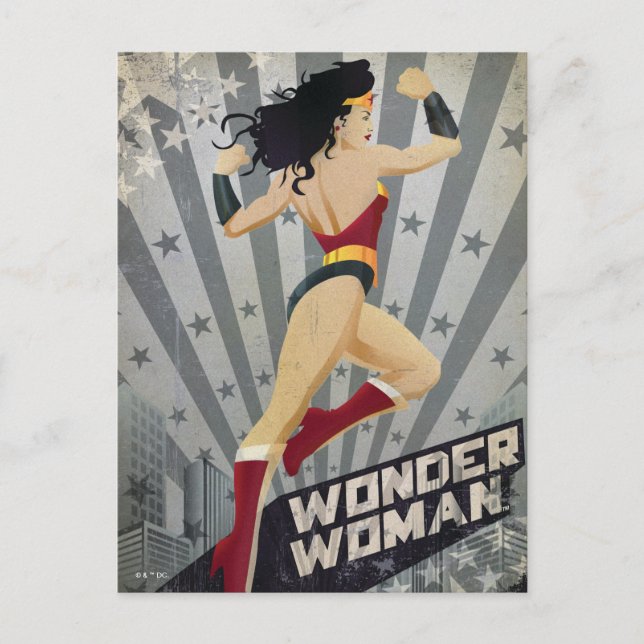 Wonder Woman Retro City Sunburst and Stars Postkarte (Vorderseite)