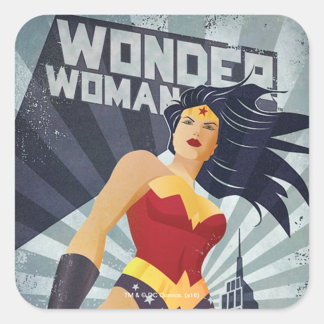 Wonder Woman Retro City Sunburst Quadratischer Aufkleber (Vorderseite)