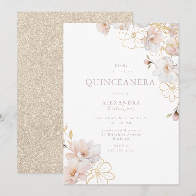 Wonderful Blush & Gold Enchanted Quinceanera Einladung (Vorne/Hinten)