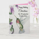Wonderful Godmother Happy Birthday Hummingbird Karte<br><div class="desc">Celebrate birthday of your wonderful godmother with an elegant hummingbird design on a charming greeting card. Created from my original watercolour painting, the lovely little bird and flower image brighten the day for birdwatchers, gardeners and nature lovers. The special woman in your life will love the pastel colours of cream,...</div>