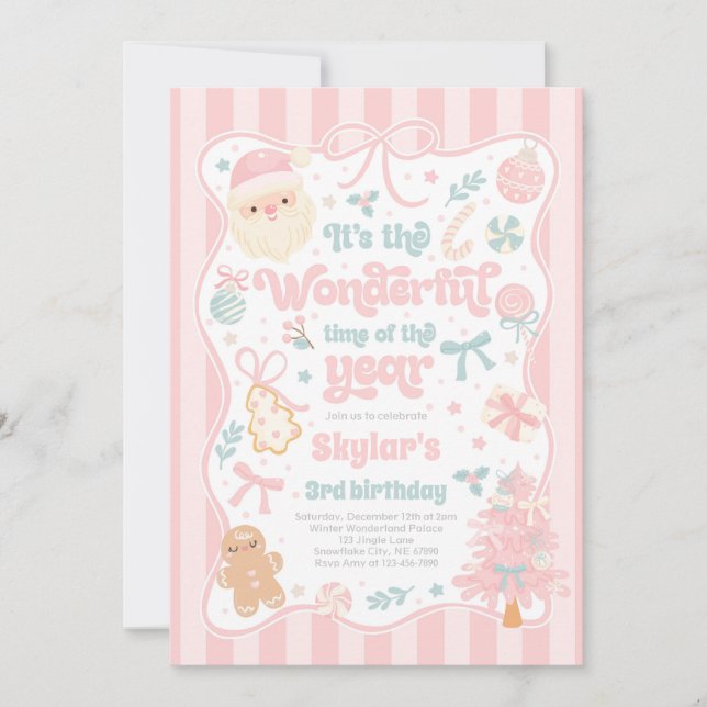 Wonderful Time Of The Year Christmas Bow Birthday Einladung (Vorderseite)