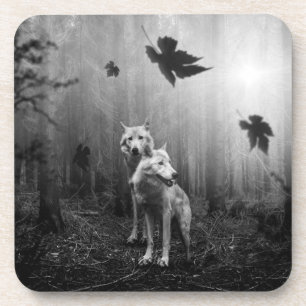 Wonderful Wolves Black and White Leaf Us Alone Getränkeuntersetzer